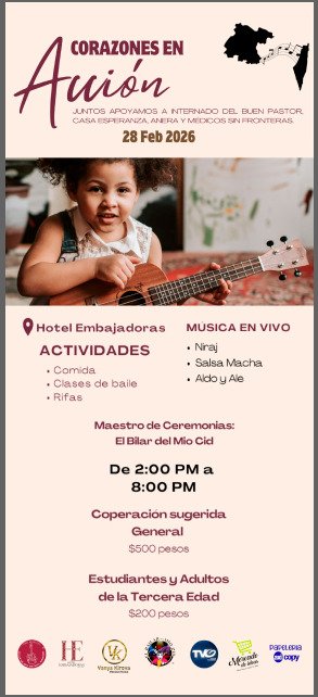 Event flyer for Corazones en Acción on 28 February 2026 at Hotel Embajadoras.